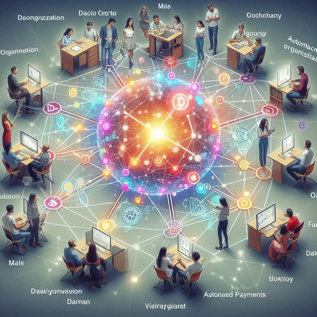 A group of diverse people collaborating on blockchain and crypto technology