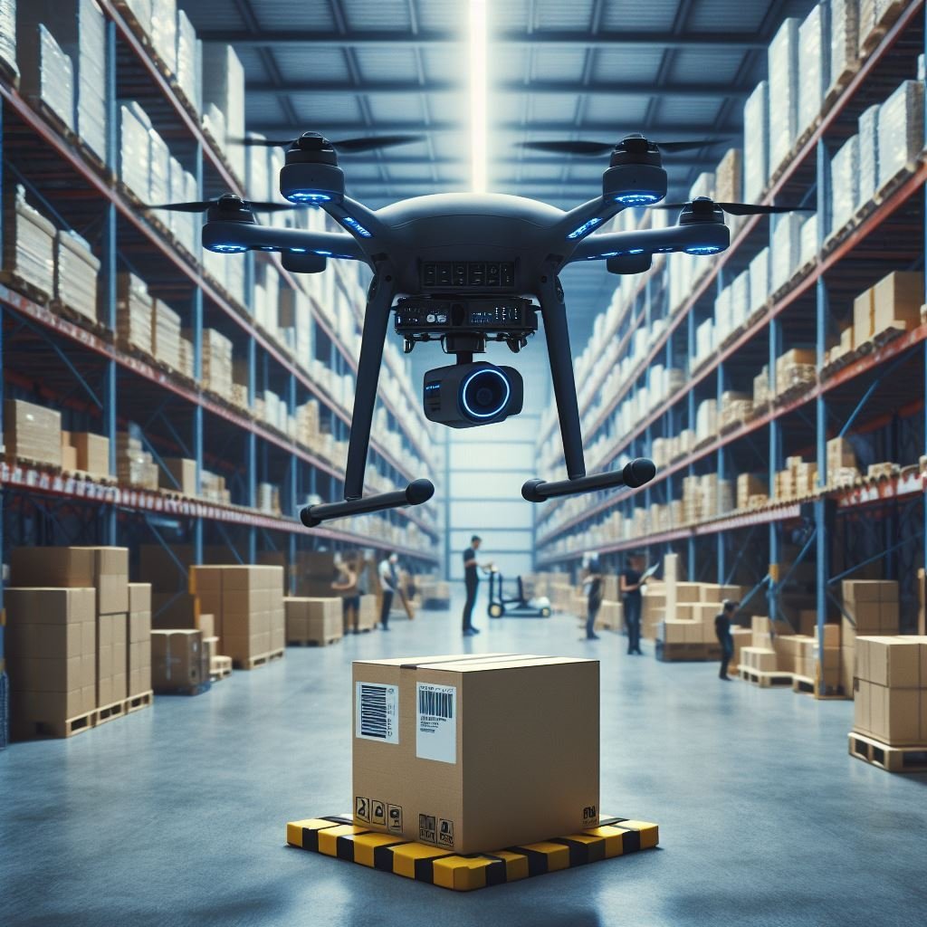 High-tech drone flying inside a spacious warehouse for efficient operations and logistics management