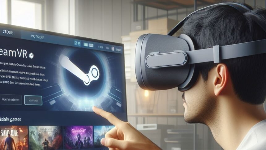 A man wearing an Oculus Quest 2 virtual reality headset, SteamVR