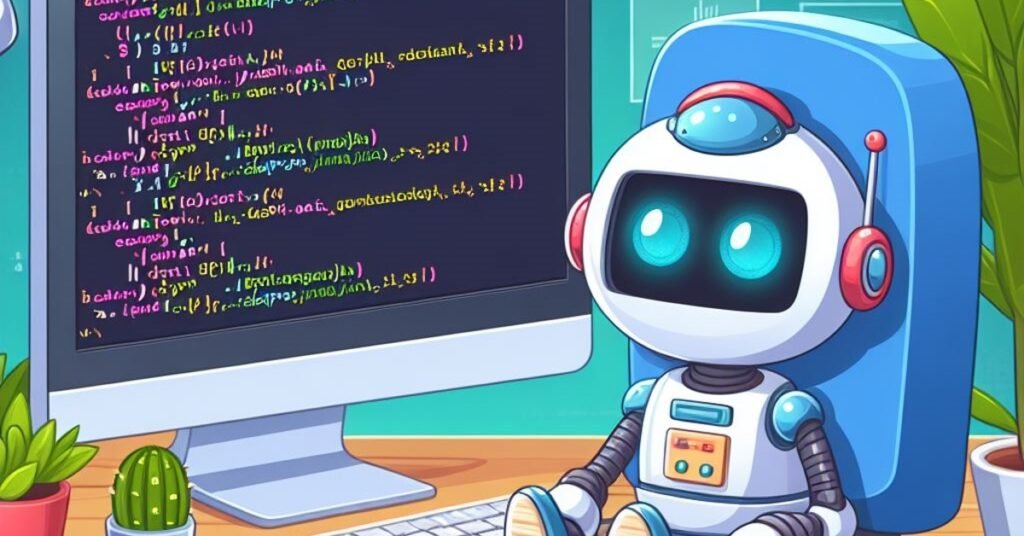 A cartoon robot in front of a computer with programming .
