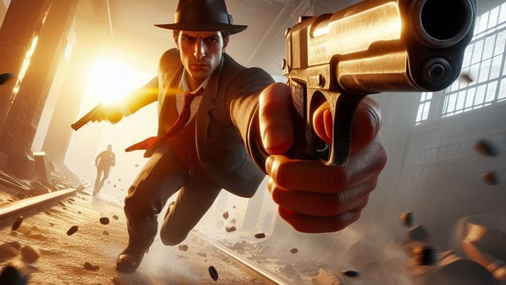 First person view dodging through a Pistol Whip level, shooting enemies, photo realistic