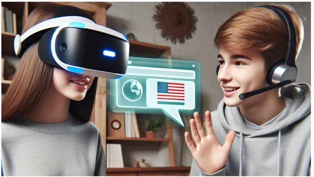Teenager talking with virtual avatar to learn foreign language in VR simulation