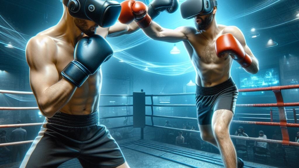 Two VR boxers sparring in a virtual boxing ring