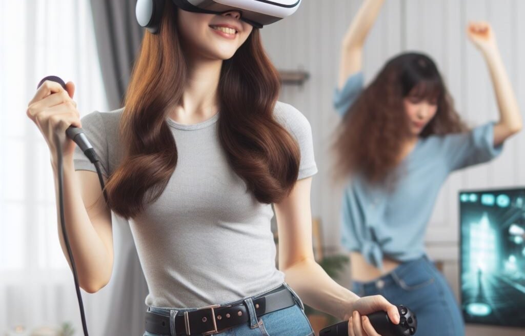 Woman dancing  while wearing VR headset
