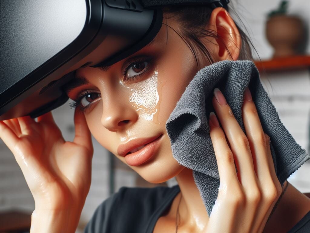 Woman wiping sweat from VR headset