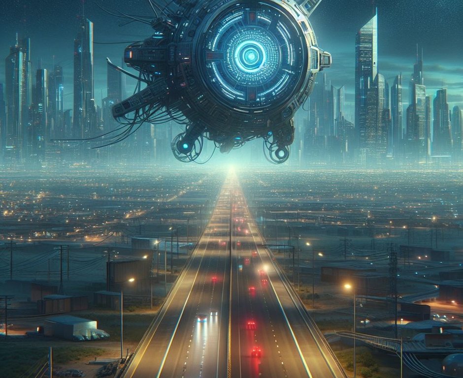  road leading towards a futuristic robot city 
