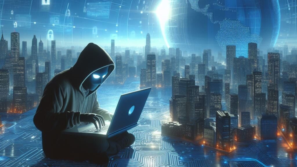 A hacker stealing data in a futuristic metaverse city-AI Image
