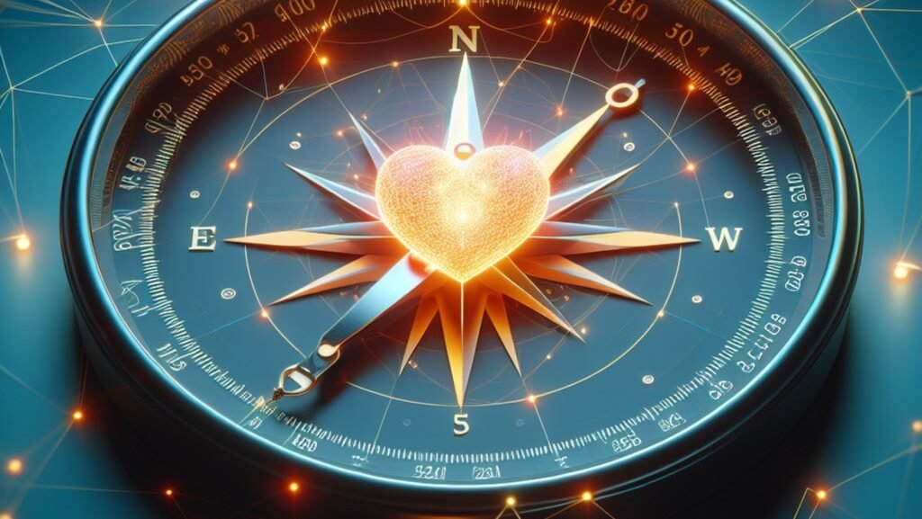 A compass with north pointing towards a connected glowing heart representing guidance of the metaverse-AI Image