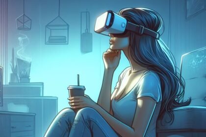 Woman alone with VR headset, lost in thought - AI Image