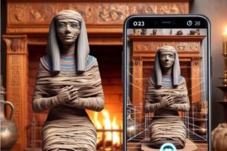 An augmented reality phone app displaying an ancient Egyptian mummy artifact -AI Generated