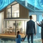 A real estate agent showing a family a futuristic smart home in the metaverse