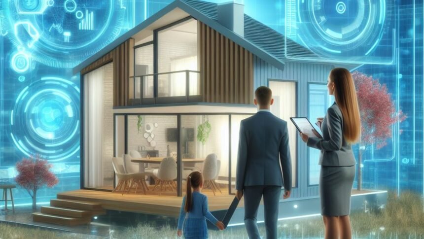 A real estate agent showing a family a futuristic smart home in the metaverse